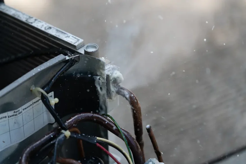 Close-up of a leaking air conditioning unit with visible refrigerant gas escaping.