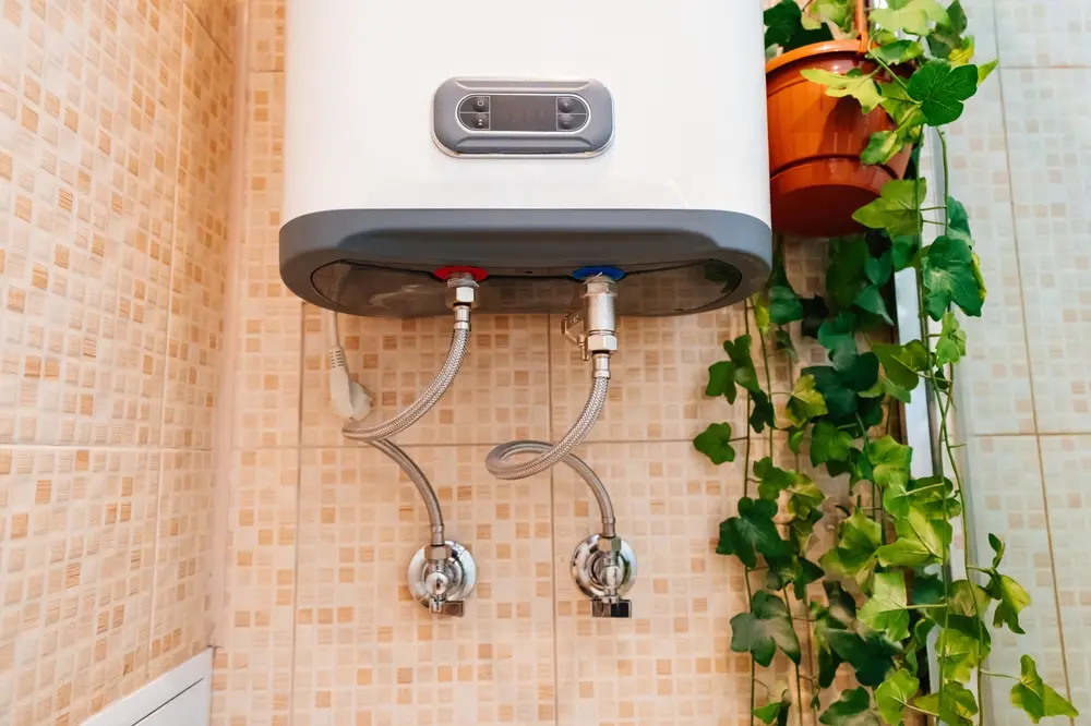 electric water heater in the bathroom. hot water supply in the apartment. live and artificial houseplants in the interior. water heater installation service in Indianapolis