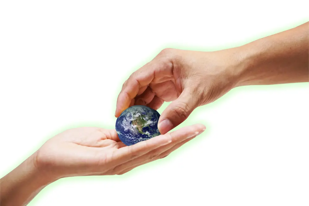 Blurry close up handing save global warming potential concept on white background.