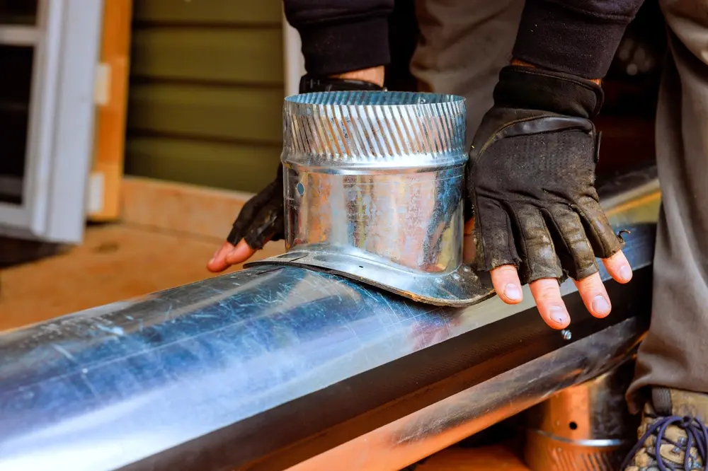 Contractor working with metal duct, securing components for HVAC heating ventilation system with construction site